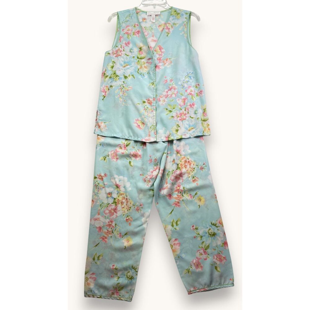 Oscar de la Renta Pink Label | Ice Blue and Pink Floral PJ Set | Sz S